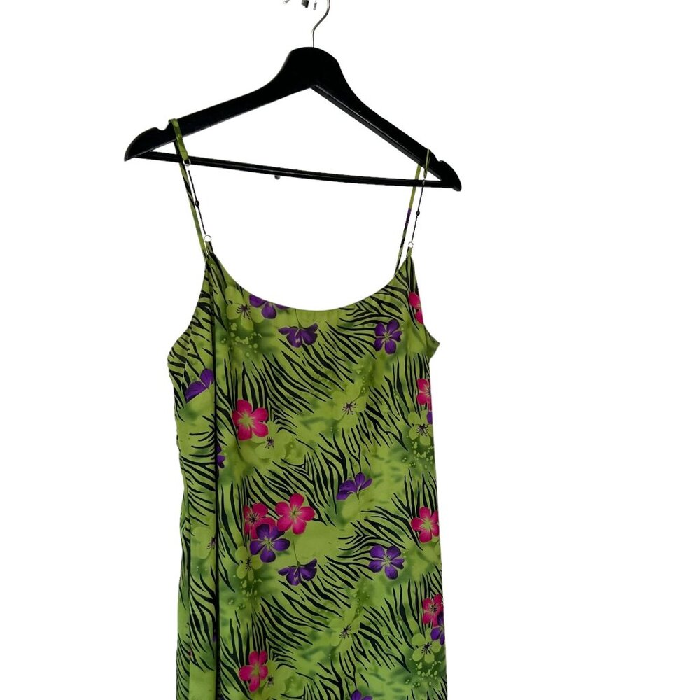 Vintage 90s Green Floral Jungle Print Sleeveless Chiffon Midi Dress Medium - Picture 2 of 9
